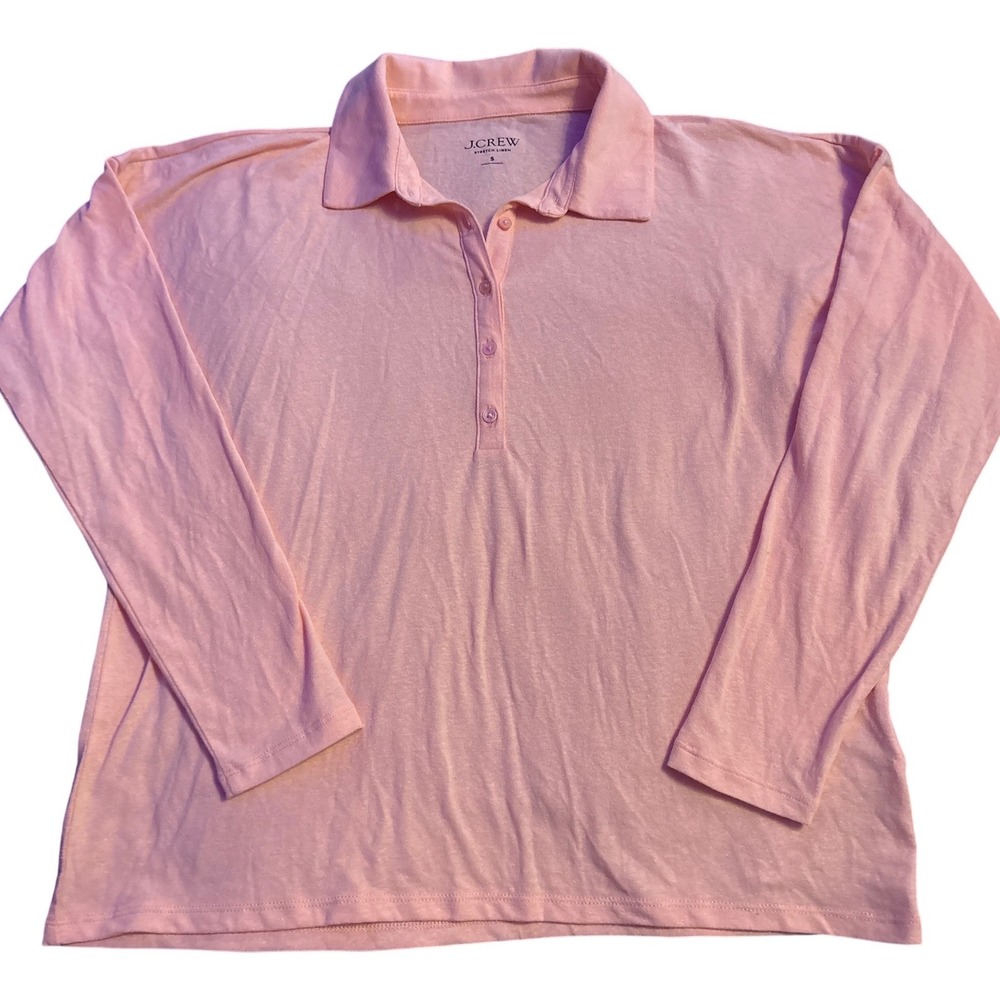 J.Crew Relaxed Stretch Linen Blend Polo Shirt Pink Long Sleeve Women's S